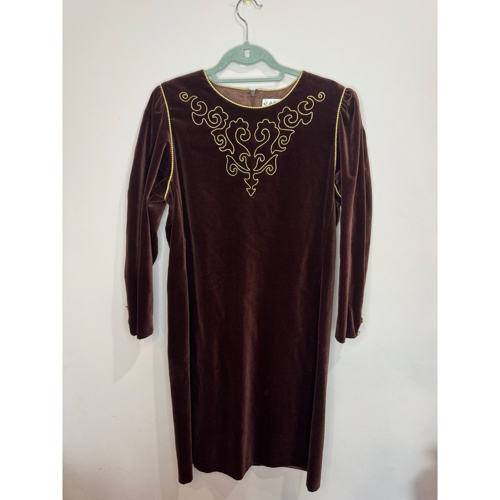 JAEGER Size 14 Brown Velvet Dress Long Sleeve Chic Gold Tone Accents VIntage